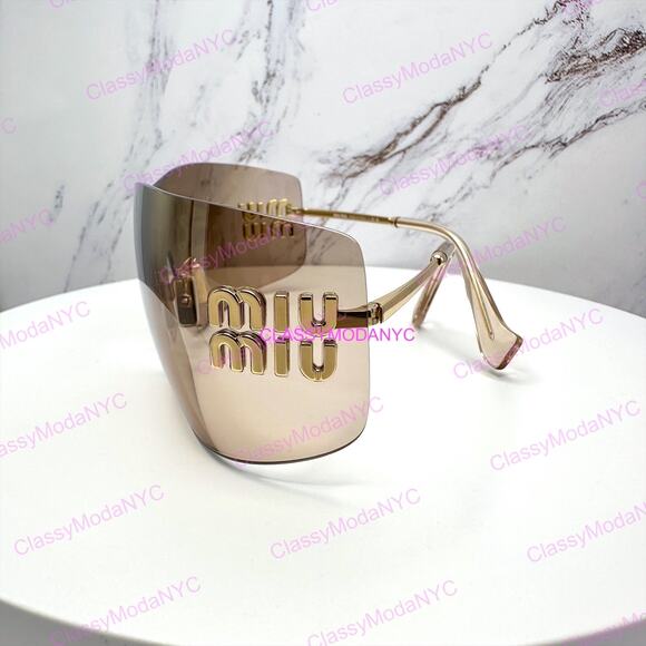 New MIU MIU Aube Sunglasses Gold Light Brown Mirror Bronze Rimless Wrap Womens main image 4